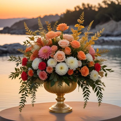 Sunset floral arrangement by the shore