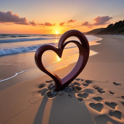 Sunset heart sculpture on beach