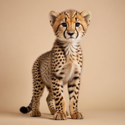 Cheetah cub standing against beige background