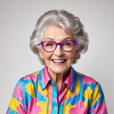 Joyful elderly woman in vibrant shirt
