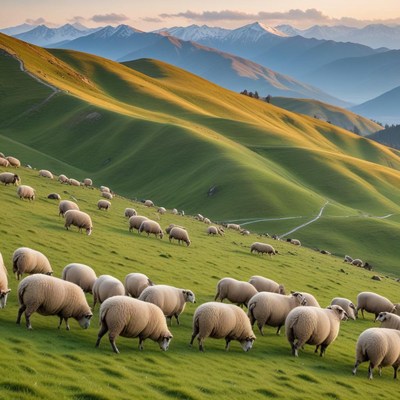 Sheep grazing on green hills