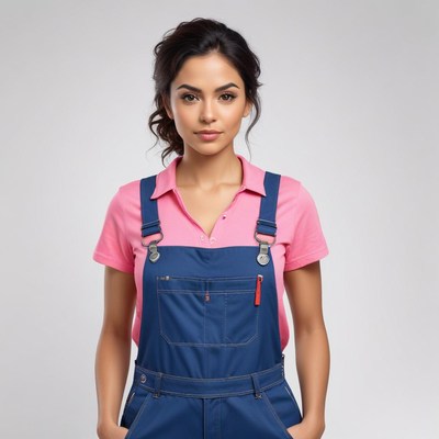 Confident woman in blue overalls