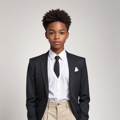 Young person in suit against plain background