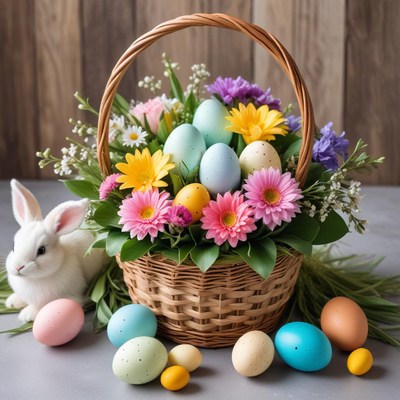 Easter basket with flowers and eggs