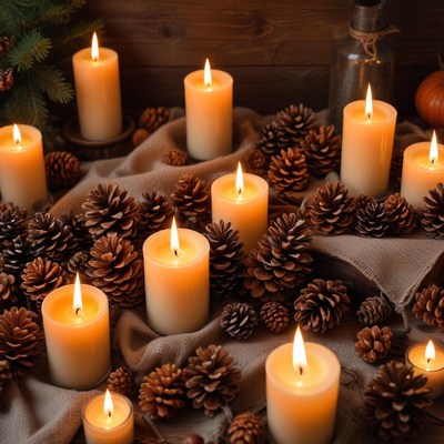 Warm candlelight with pine cones