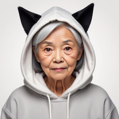 Elderly woman in cat hoodie