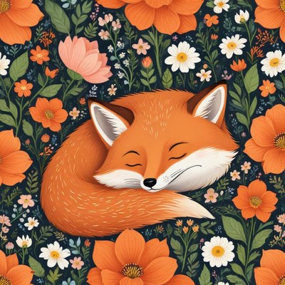 Fox sleeping among flowers