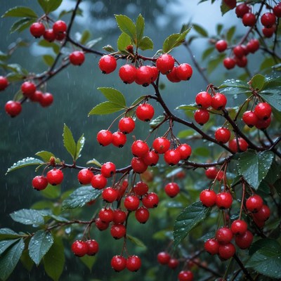 Bright red berries on a rainy branch