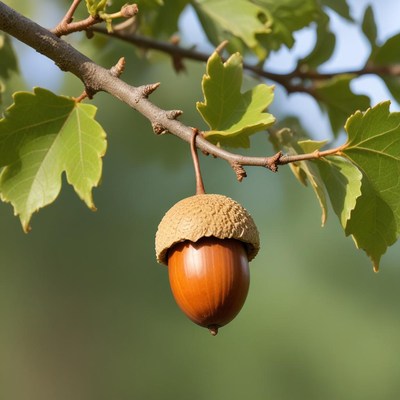 Oak acorn hanging from a branch