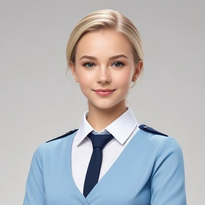 Young woman in uniform on gray background