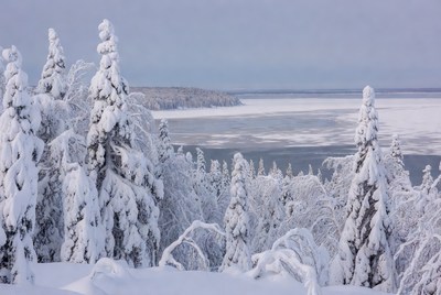 Snowy winter landscape with serene lake view