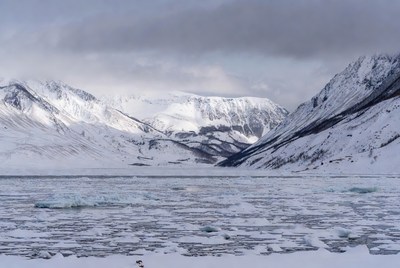 Frozen landscape with snowy mountains