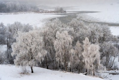 Frosty river scene in winter