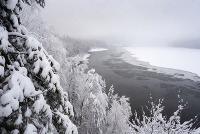 Winter landscape with snowy river view