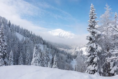 Winter snow-covered landscape with mountains