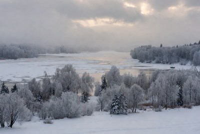Frozen river landscape in winter