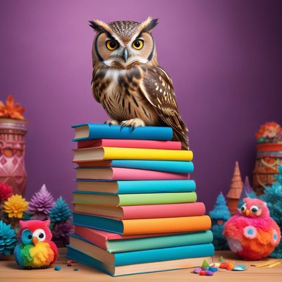 Owl on colorful books stack