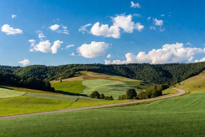 Rolling green hills with clouds