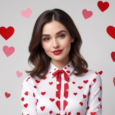 Smiling model with heart patterns