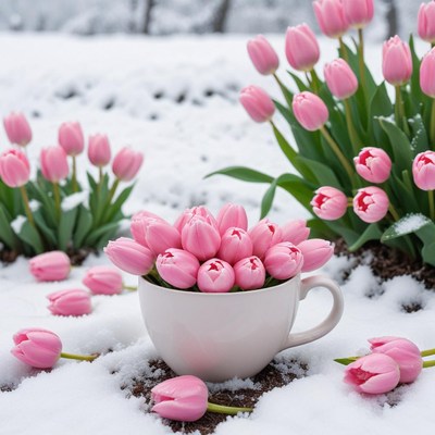 Pink tulips in winter snow