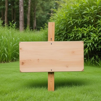 Wooden sign in green field