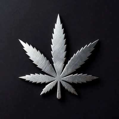 Silver cannabis leaf design on dark background