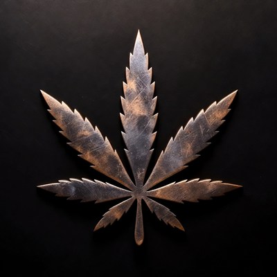 Metal cannabis leaf on dark background