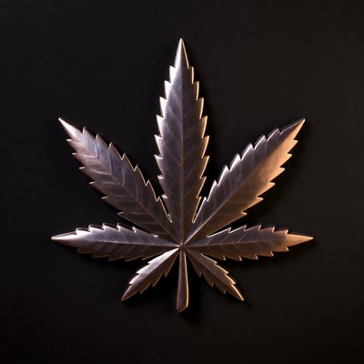 Metal cannabis leaf on black surface