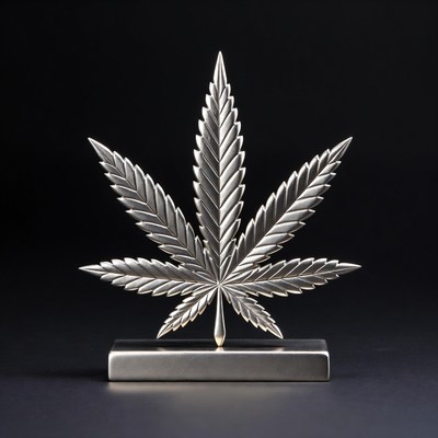 Stylized cannabis leaf sculpture on display