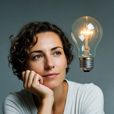 Woman thinking with glowing light bulb
