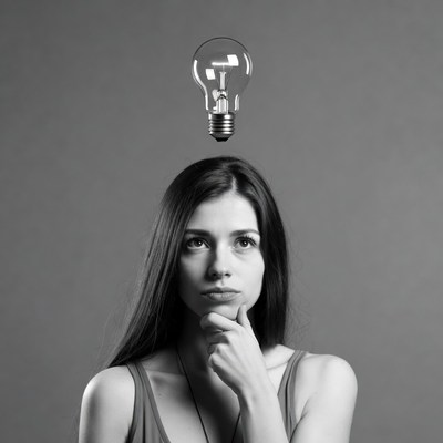 Woman deep in thought with a light bulb