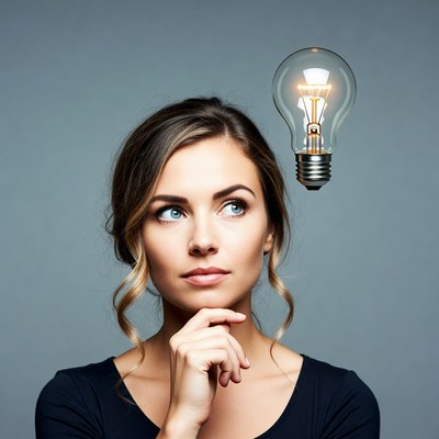 Woman pondering idea with light bulb