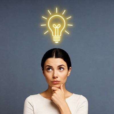 Thoughtful woman with light bulb idea
