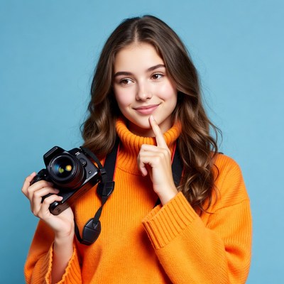 Young woman thinking with camera