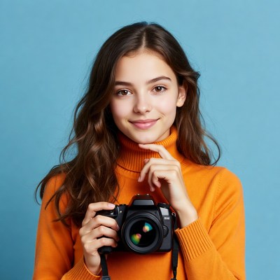 Young girl with camera in studio