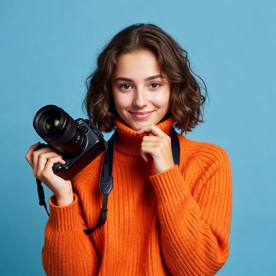 Smiling photographer in bright sweater