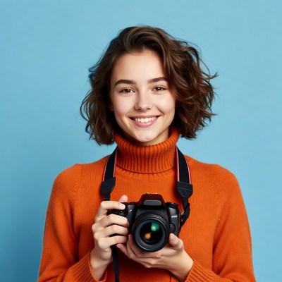 Young woman with camera in studio