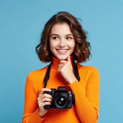 Smiling woman with camera indoors