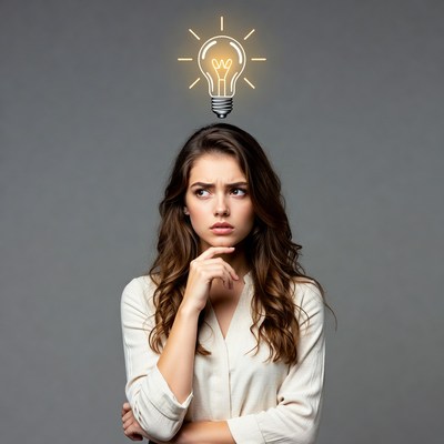 Woman pondering with light bulb above