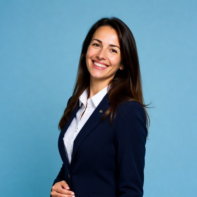 Professional woman smiling against blue background