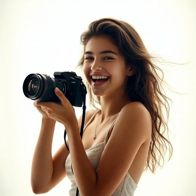 Smiling woman with camera indoors