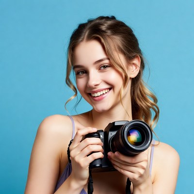 Smiling woman holds camera against blue wall