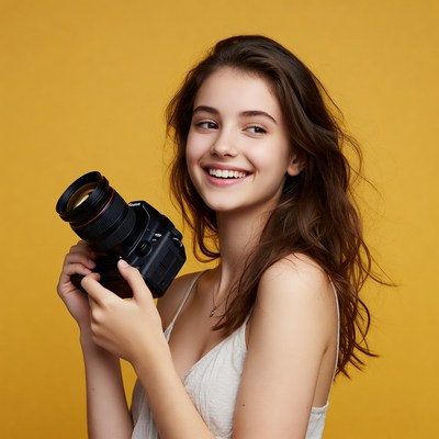 Young photographer smiling with camera
