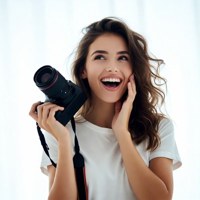 Happy girl holding camera indoors