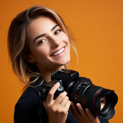 Smiling photographer with camera indoor