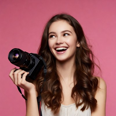 Smiling girl holding camera