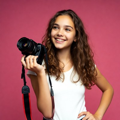 Young girl holding camera and smiling happily