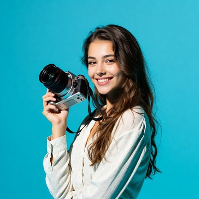 Smiling girl with camera against blue background