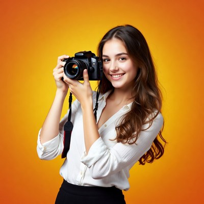 Smiling woman with camera
