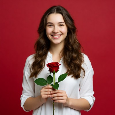 Smiling woman holding a rose